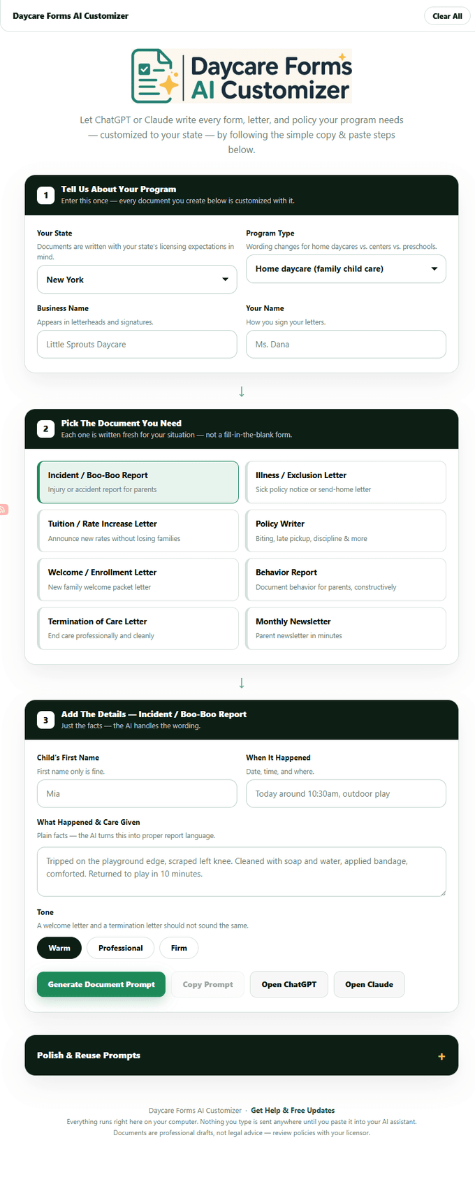 The Daycare Forms AI Customizer interface showing all three steps