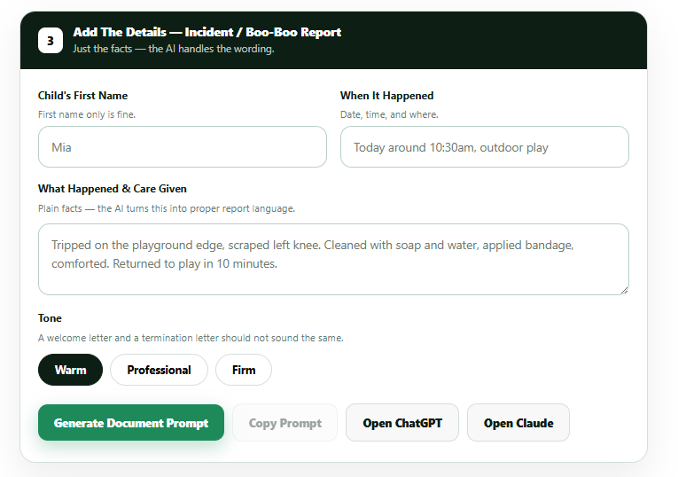 Step 3 — Add the details and generate your document prompt